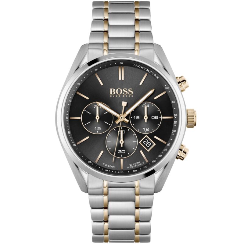 1513819 hugo boss watch men black dial stainless steel metal silver rose gold two tone strap quartz analog chronograph champion