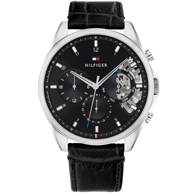 1710449 tommy hilfiger watch men black dial leather strap quartz battery analog monthly weekly date baker