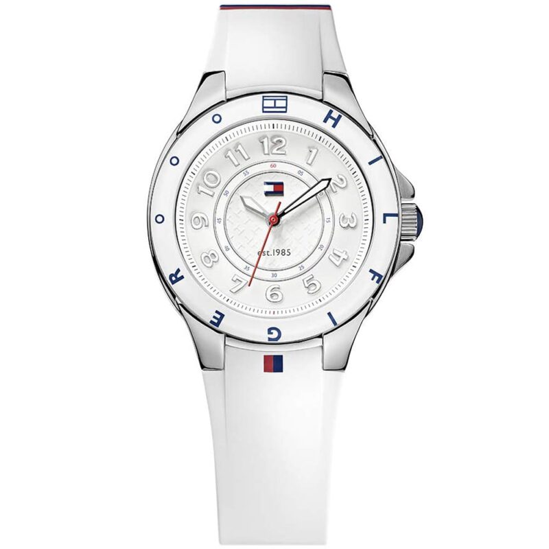 1781271 tommy hilfiger watch women white dial rubber multicolored strap quartz battery analog three hand carley