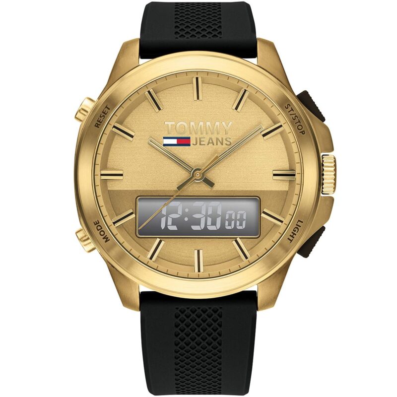 1791762 tommy hilfiger watch men gold dial rubber black strap quartz battery digital analog chronograph jeans