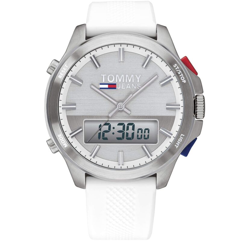 1791764 tommy hilfiger watch men silver dial rubber white strap quartz digital analog dual time jeans