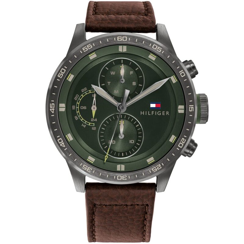 1791809 tommy hilfiger watch men green dial leather brown strap quartz battery analog monthly weekly date gunmetal trent