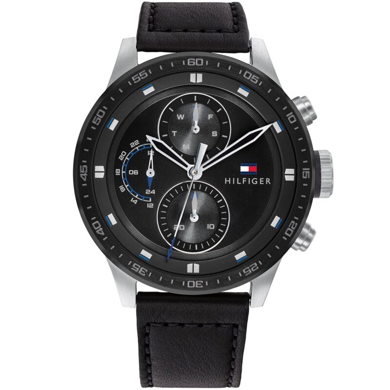 1791810 tommy hilfiger watch men black dial leather strap quartz battery analog monthly weekly date trent