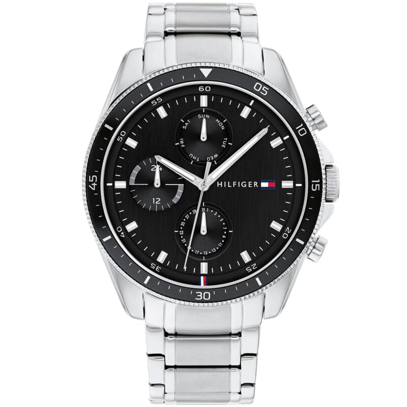 1791835 tommy hilfiger watch men black dial stainless steel metal silver strap quartz battery analog monthly weekly date parker