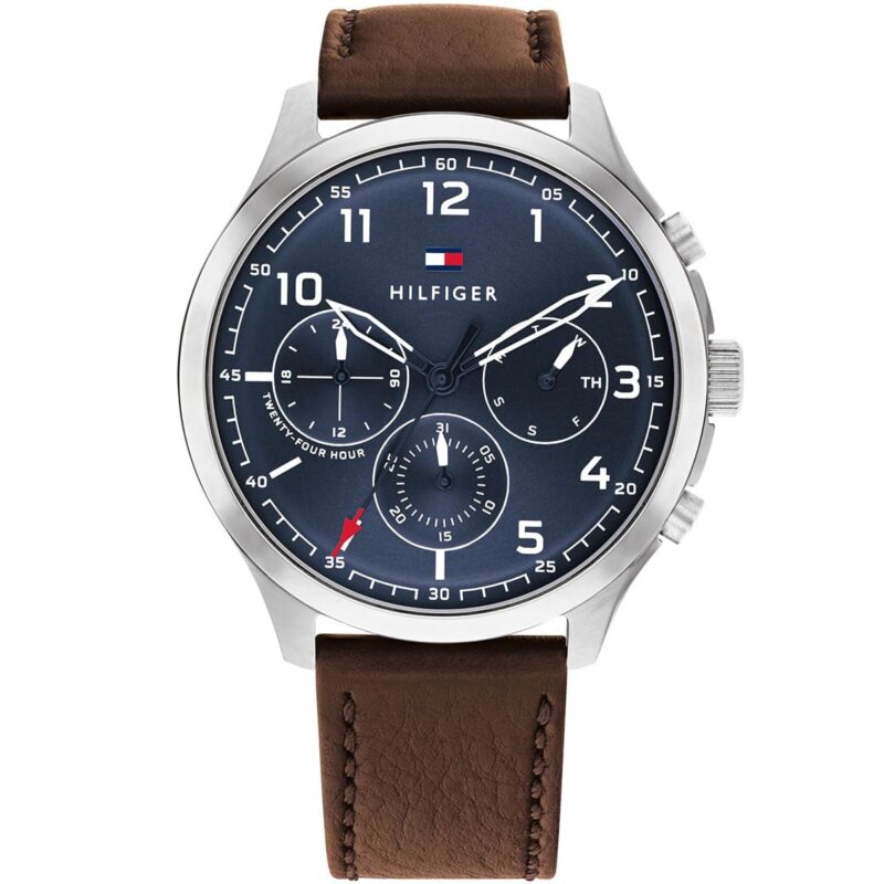 1791855 tommy hilfiger watch men blue dial leather brown strap quartz battery analog monthly weekly date asher