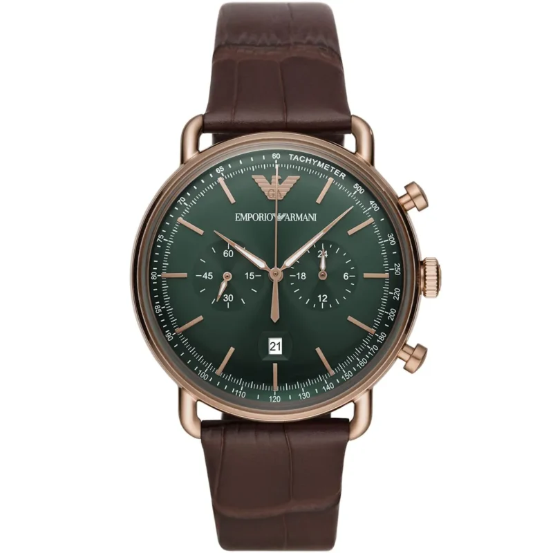 ar11334 emporio armani watch men green dial leather brown strap quartz battery analog chronograph aviator