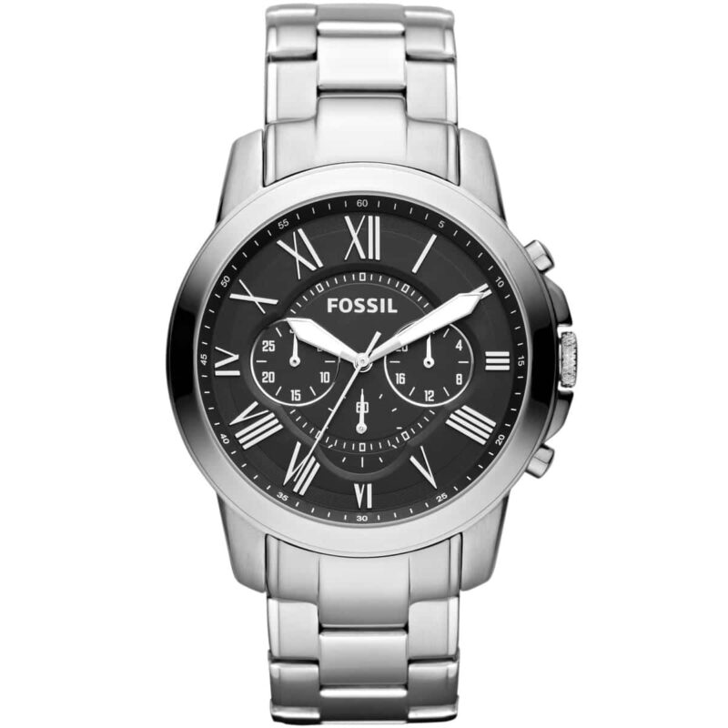 fs4736 fossil watch men black dial stainless steel metal silver strap quartz analog chronograph grant