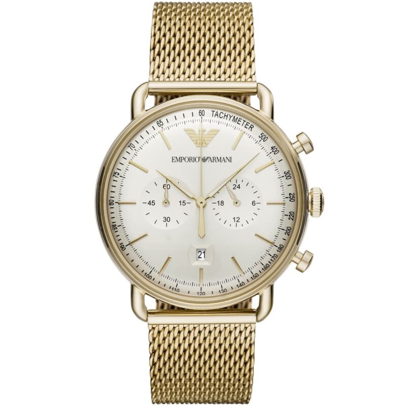 ar11315 emporio armani watch men white dial stainless steel metal gold mesh strap quartz analog chronograph aviator