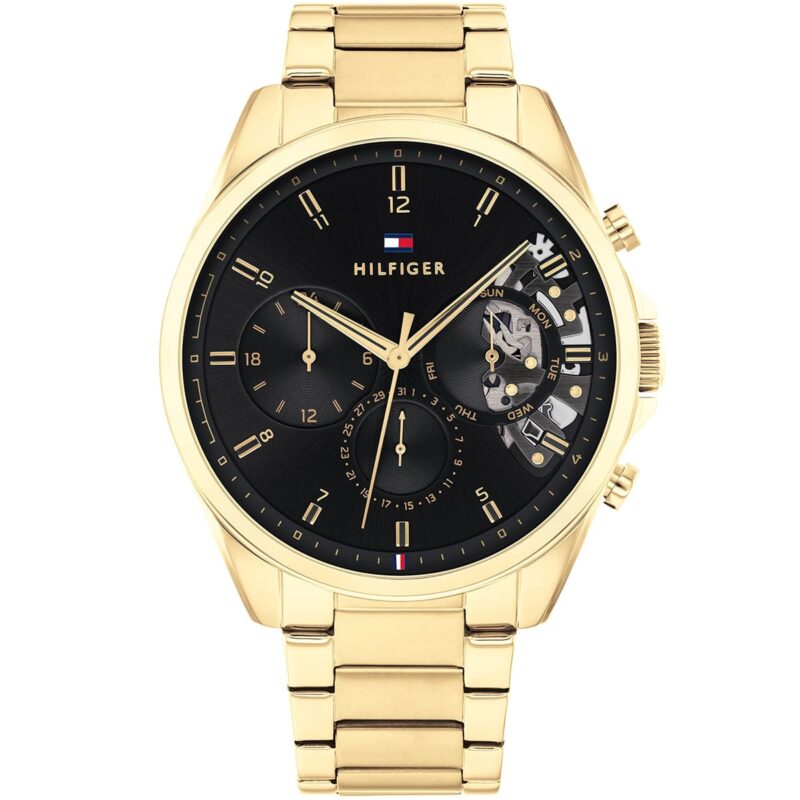 1710447 tommy hilfiger watch men black dial stainless steel metal gold strap quartz battery analog monthly weekly date baker