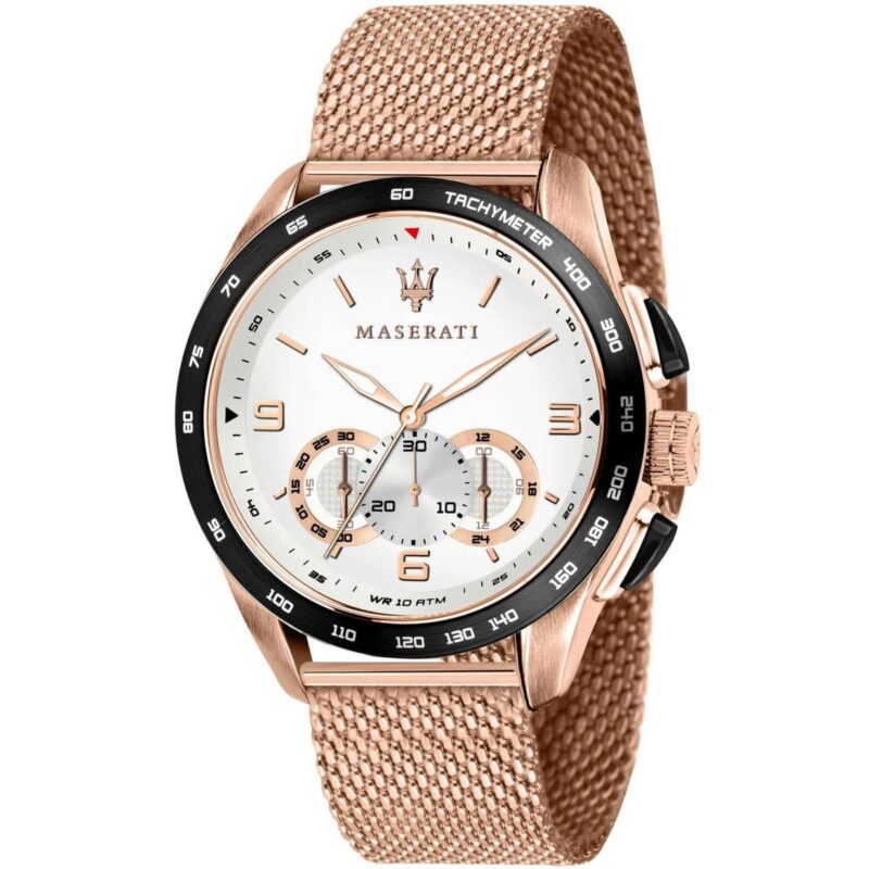 r8873612011 maserati watch men white dial metal stainless steel rose gold mesh strap quartz battery analog chronograph tachymeter wr 10 atm traguardo