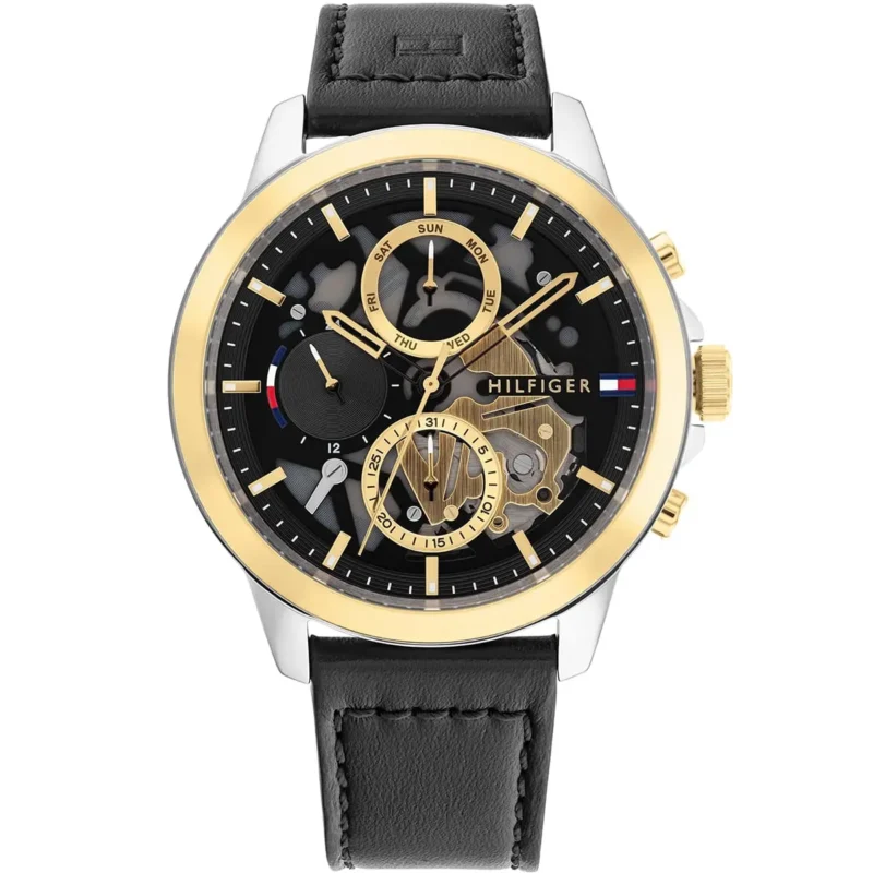 1710474 tommy hilfiger watch men black dial leather strap quartz analog monthly weekly date henry