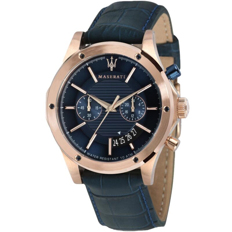 r8871627002 maserati watch men blue dial leather strap quartz battery analog chronograph water resistant 10 atm circuito