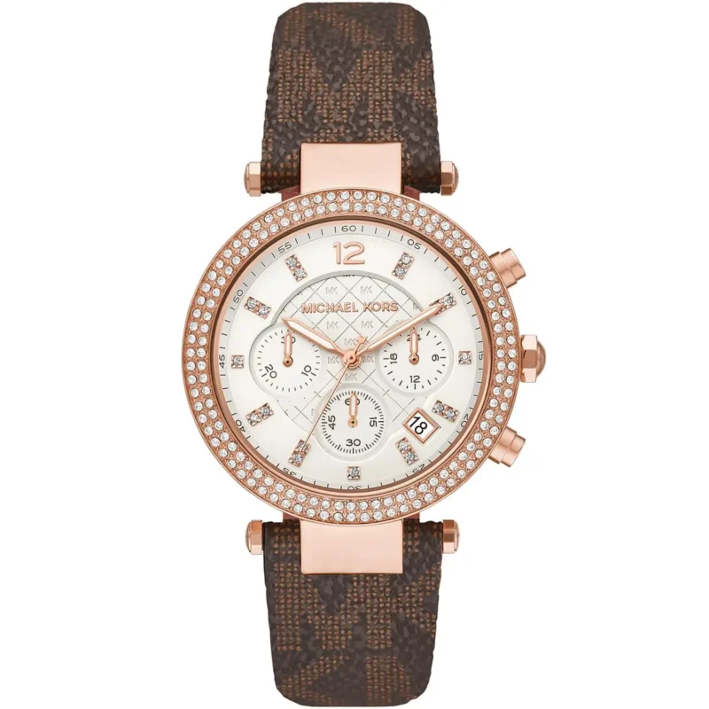 mk6917 michael kors chronograph watch women white dial polyurethane chloride brown strap quartz battery analog crystals parker