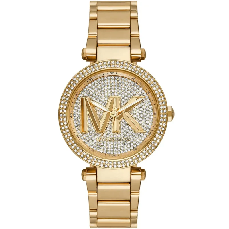 mk7283 michael kors watch women gold dial metal stainless steel golden strap quartz battery analog three hand mk logo crystals parker