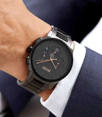 1513814 hugo boss watch men black dial metal stainless steel gray strap quartz battery analog chronograph peak 11