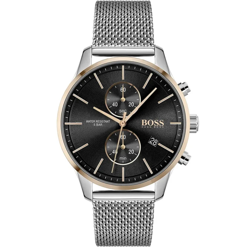 1513805 hugo boss watch water resistant 5bar men black dial metal stainless silver mesh strap quartz battery analog chronograph associate