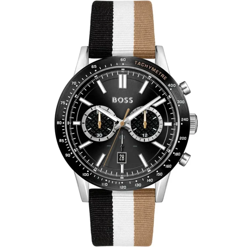 1513963 hugo boss watch men black dial fibers multicolored textile over leather strap quartz battery analog chronograph allure