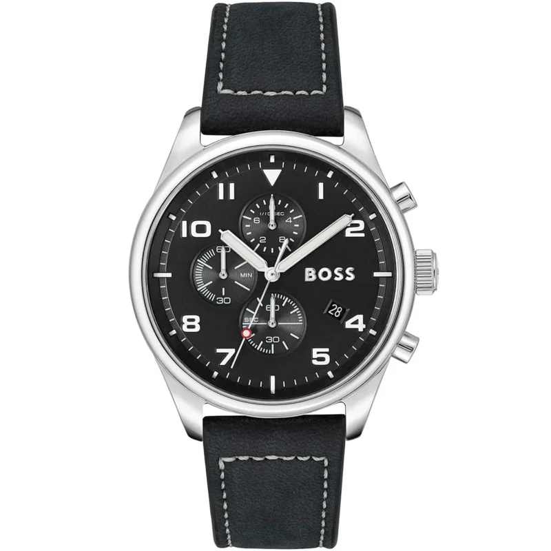 1513987 hugo boss watch men black dial leather strap quartz battery analog chronograph view