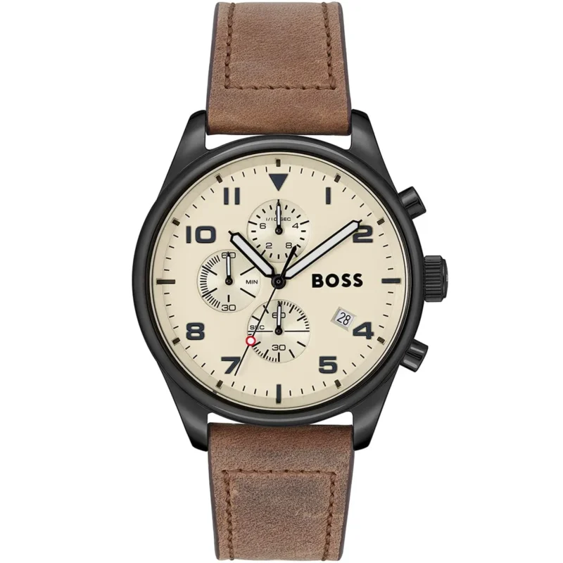1513990 hugo boss watch men beige dial leather brown strap quartz battery analog chronograph view 1