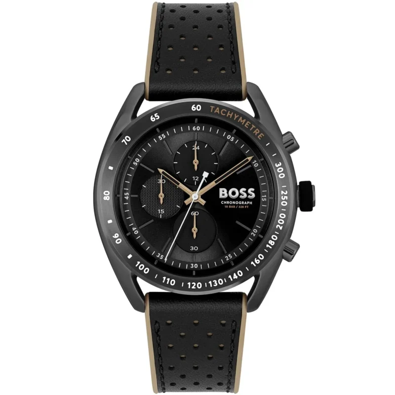 1514022 hugo boss watch chronograph 10bar 330ft men black dial rubber brown strap quartz battery analog centre court