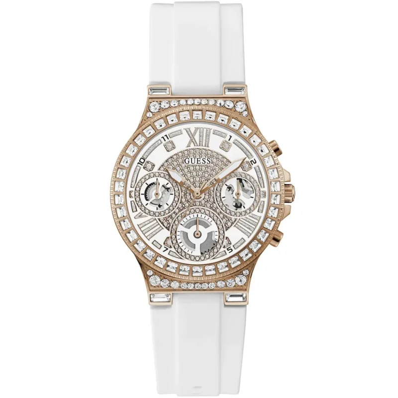gw0257l2 guess watch women white dial rubber strap quartz battery analog crystals moonlight