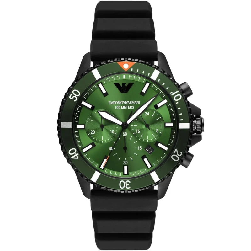 ar11463 emporio armani watch 100 meters men green dial rubber black strap quartz battery analog chronograph