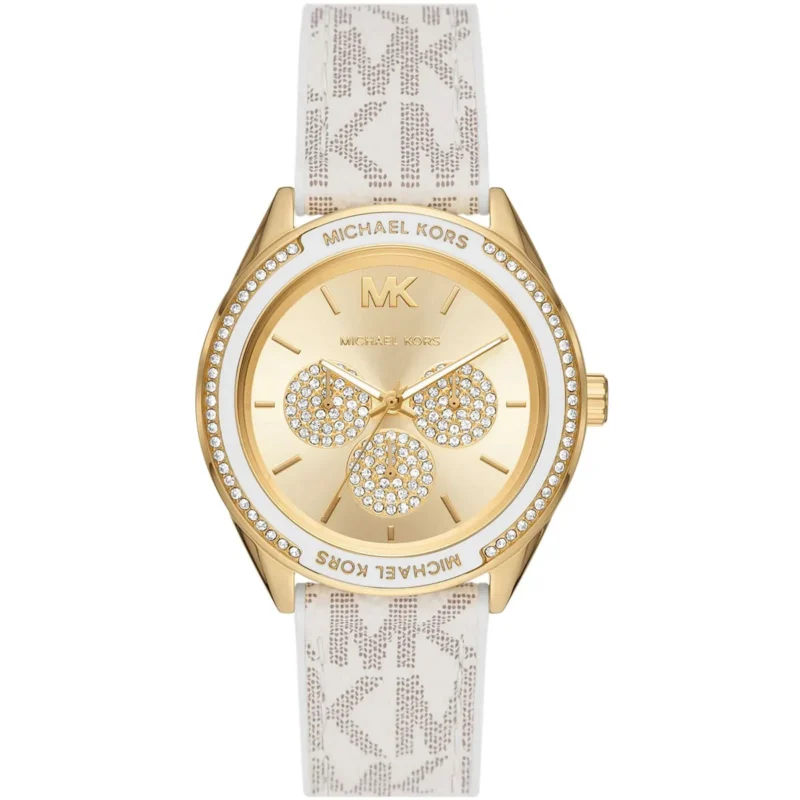 mk7204 michael kors watch women crystals gold dial polyurethane chloride white strap quartz battery analog jessa