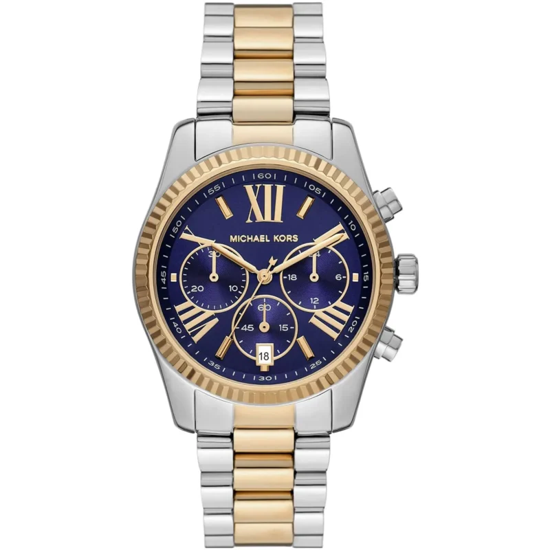 mk7218 michael kors watch women blue dial metal stainless steel silver gold two tone strap quartz battery analog chronograph
