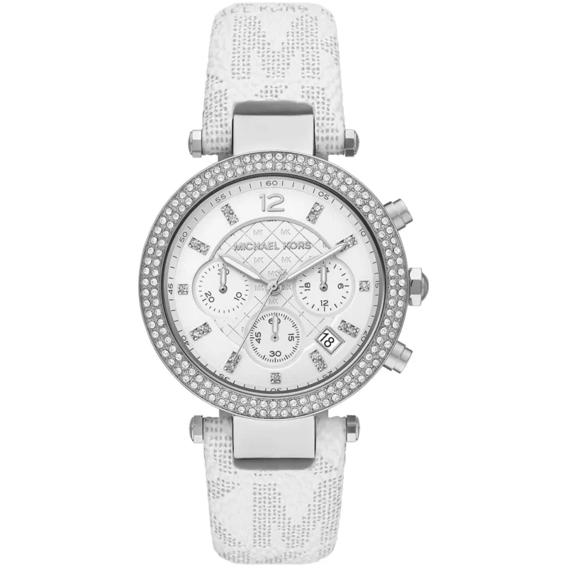 mk7226 michael kors watch women crystals white dial polyurethane chloride strap quartz battery analog chronograph parker