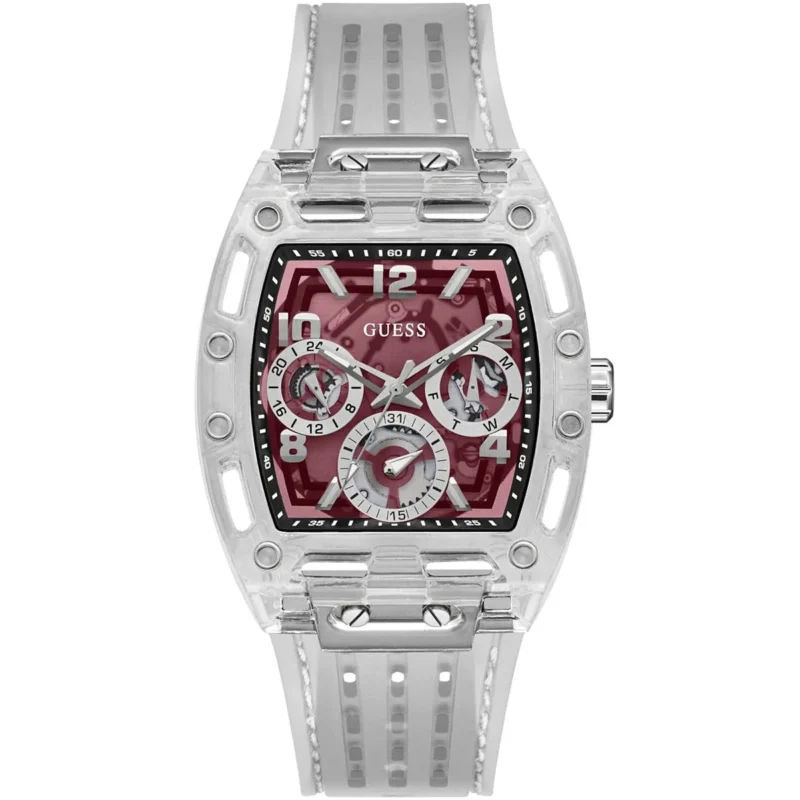 gw0499g9 guess watch men square burgundy dial rubber transparent strap quartz battery analog