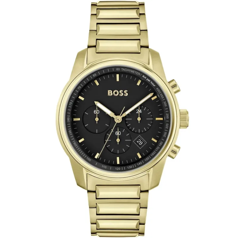 1514006 hugo boss watch men black dial metal stainless gold strap quartz battery analog chronograph trace