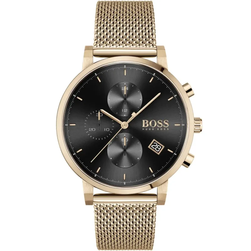 1513808 hugo boss watch men black dial metal stainless rose gold mesh strap quartz battery analog chronograph integrity