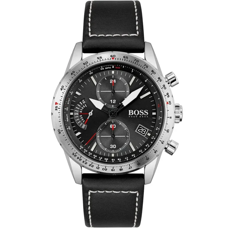 1513853 hugo boss watch men black dial leather strap quartz battery analog chronograph pilot edition chrono