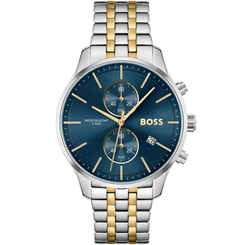 1513976 hugo boss watch water resistant 5bar men blue dial metal stainless silver gold strap quartz battery analog chronograph associate