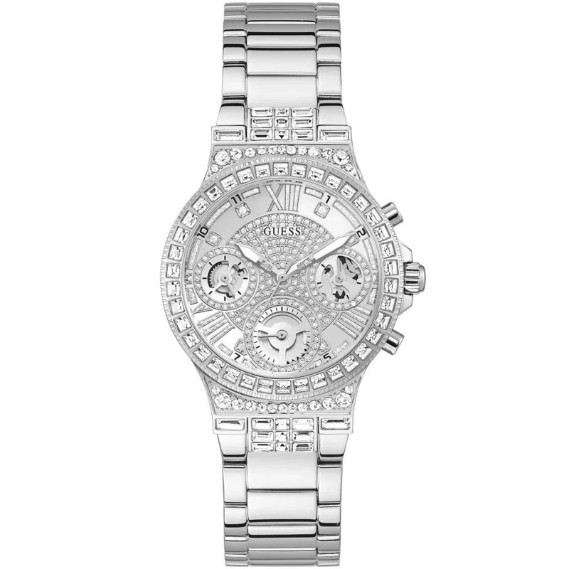 gw0320l1 guess watch women crystals silver dial metal stainless steel strap quartz battery analog moonlight