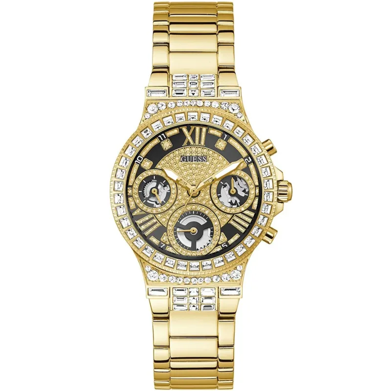 gw0320l5 guess watch women crystals black dial metal stainless steel gold strap quartz battery analog moonlight