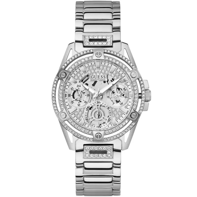 gw0464l1 guess watch women crystals silver dial metal stainless steel strap quartz battery analog crystal queen