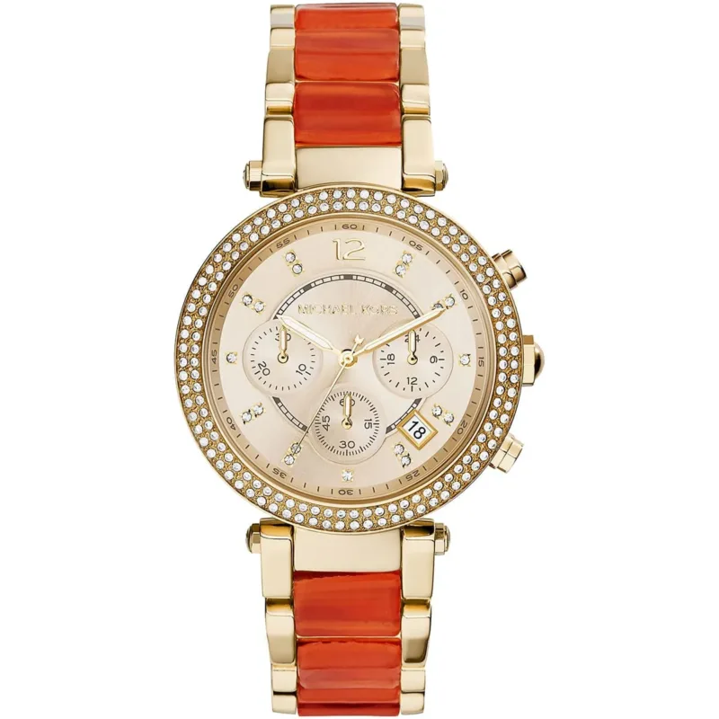 mk6139 michael kors watch women crystals gold dial multi orange golden strap quartz battery analog chronograph parker