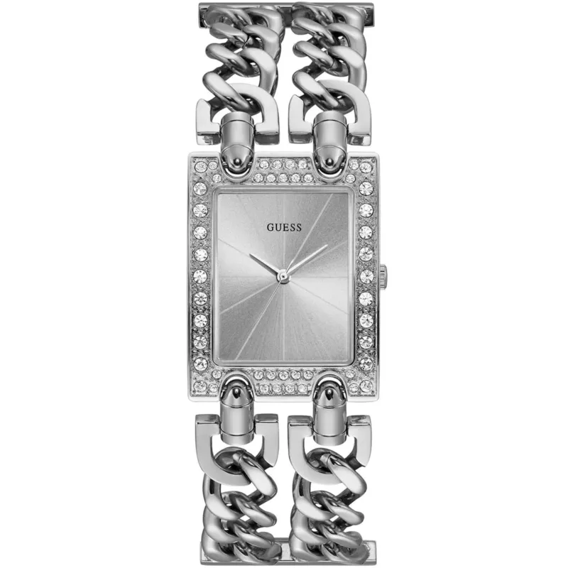 w1121l1 guess square watch women silver dial metal stainless steel strap quartz battery analog crystals mod heavy