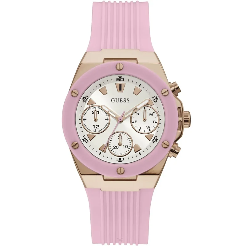 gw0030l4 guess watch women silver dial rubber pink strap quartz battery analog athena