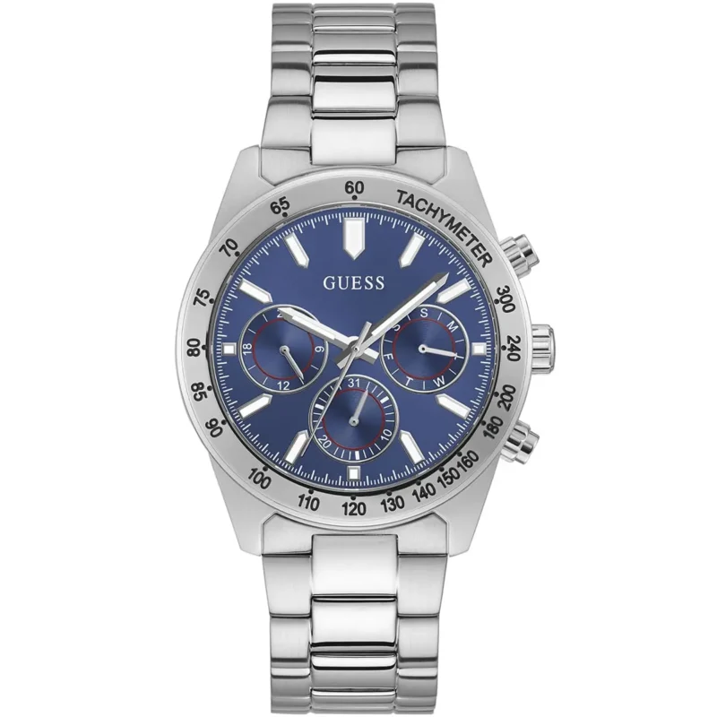 gw0329g1 guess watch men blue dial metal stainless steel silver strap quartz battery analog altitude
