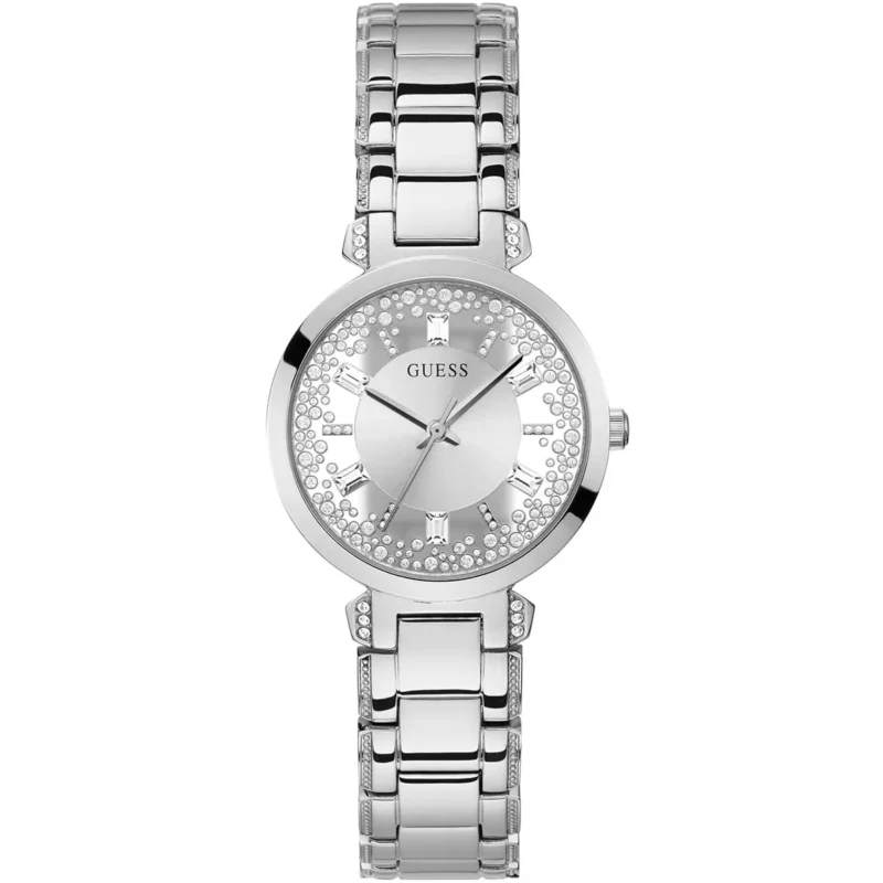 gw0470l1 guess watch women crystals silver dial metal stainless steel strap quartz battery analog three hand crystal clear