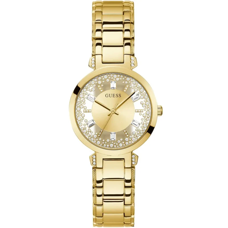 gw0470l2 guess watch women crystals gold dial metal stainless steel golden strap quartz battery analog three hand crystal clear
