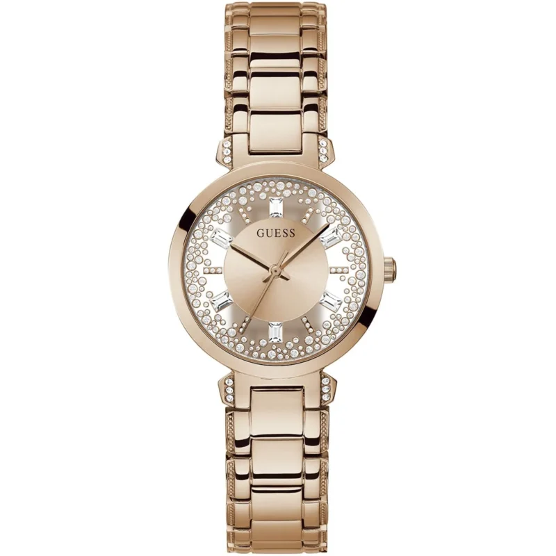 gw0470l3 guess watch women crystals rose gold dial metal stainless steel strap quartz battery analog three hand crystal clear