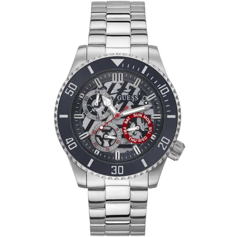gw0488g1 guess watch men blue dial metal stainless steel silver strap quartz battery analog three hand