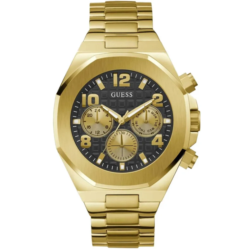 gw0489g2 guess watch men black dial metal stainless steel gold strap quartz battery analog empire