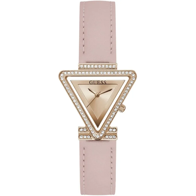 gw0504l4 guess watch women triangle crystals rose gold dial leather blush strap quartz battery analog three hand fame