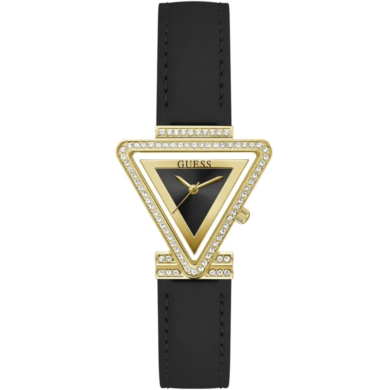 gw0504l5 guess watch women triangle crystals black dial leather strap quartz battery analog three hand fame