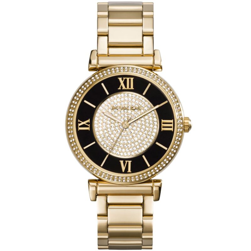 mk3338 michael kors watch women black dial stainless steel metal gold strap quartz analog three hand catlin