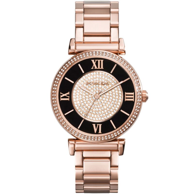 mk3339 michael kors watch women black dial stainless steel metal rose gold strap quartz analog three hand catlin